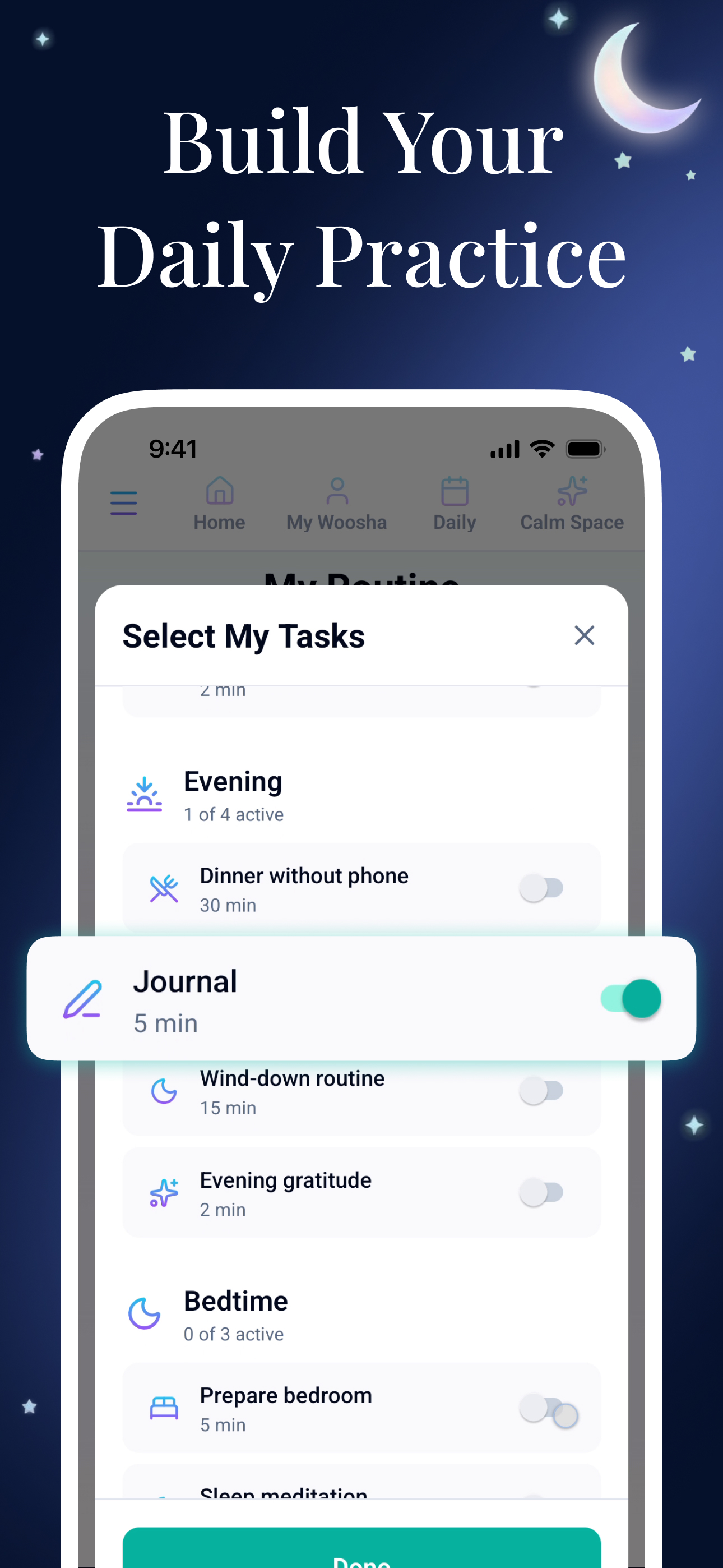 Build your daily practice by choosing evening and bedtime routine tasks