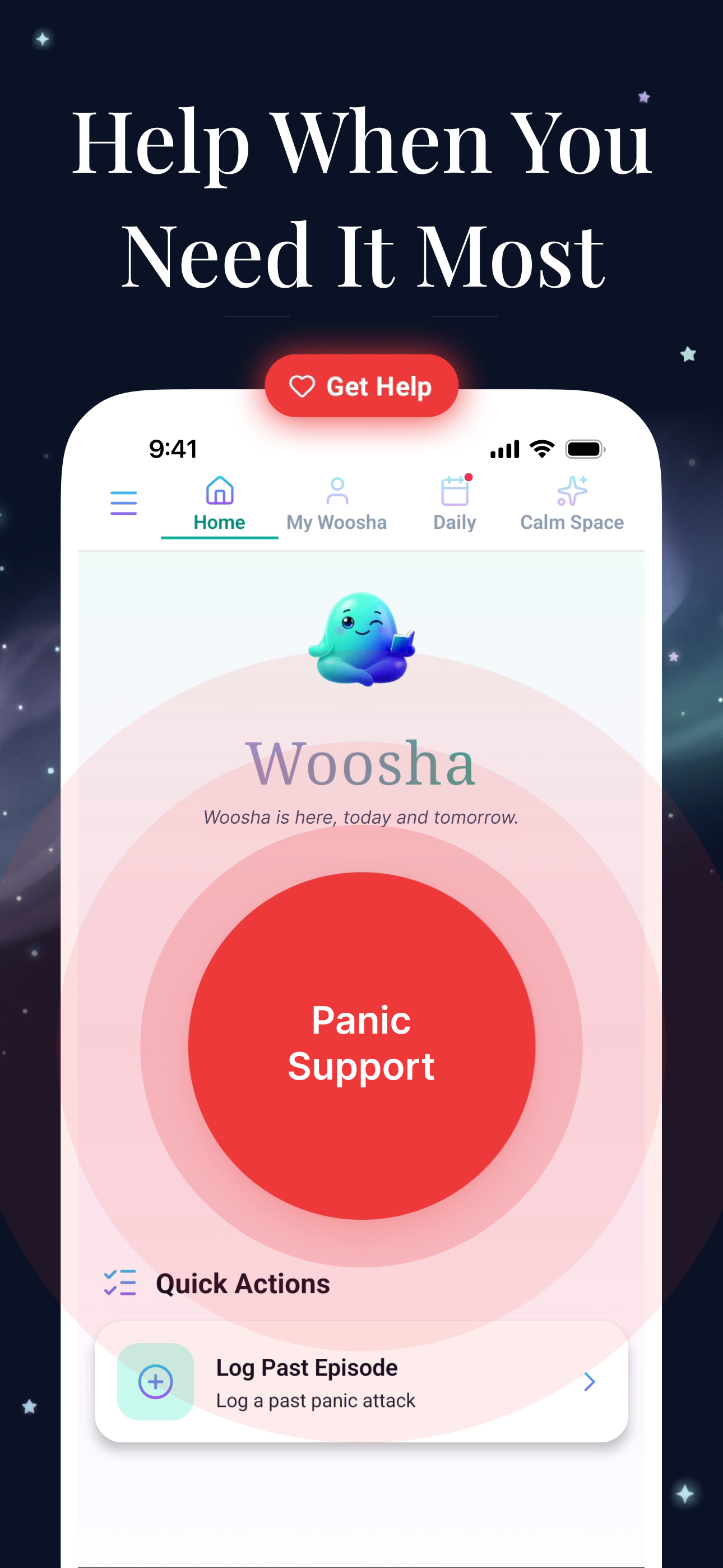 Woosha home screen with a large Panic Support button and quick actions
